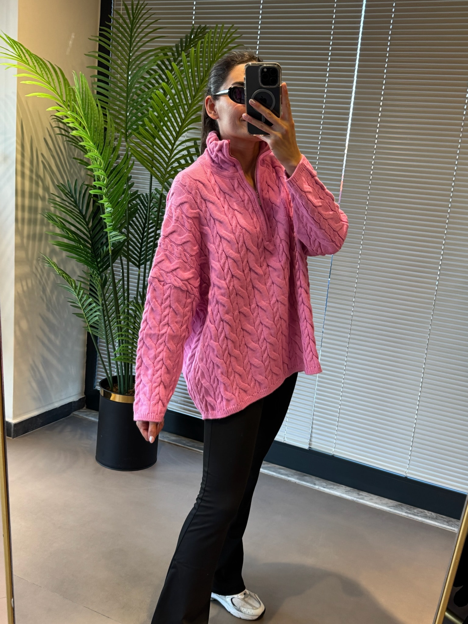 Örgü Fermuar Detaylı Pamuklu Kazak | Pembe