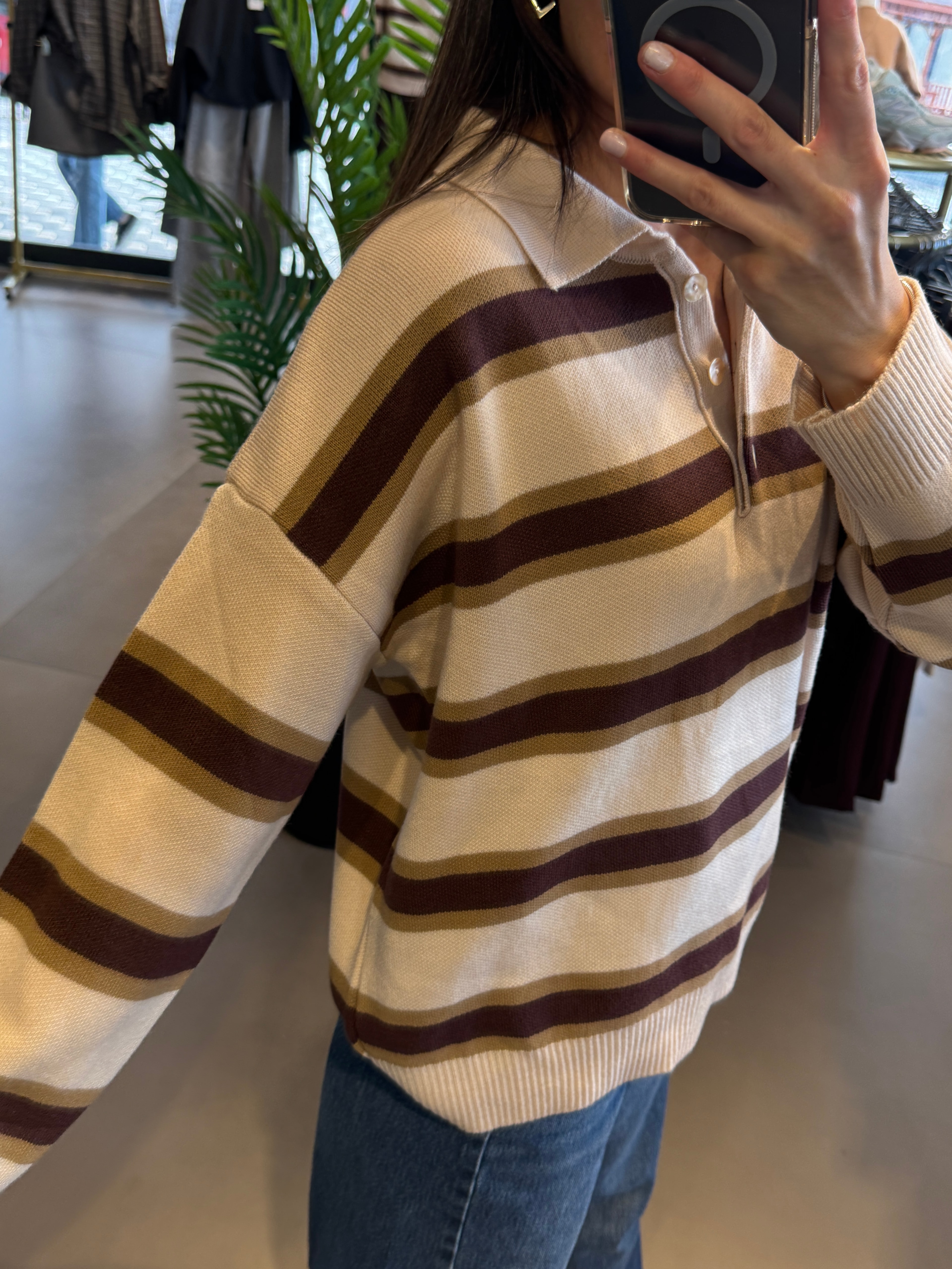 Premium Polo Yaka Çizgili Triko| Vanilya-Cherry