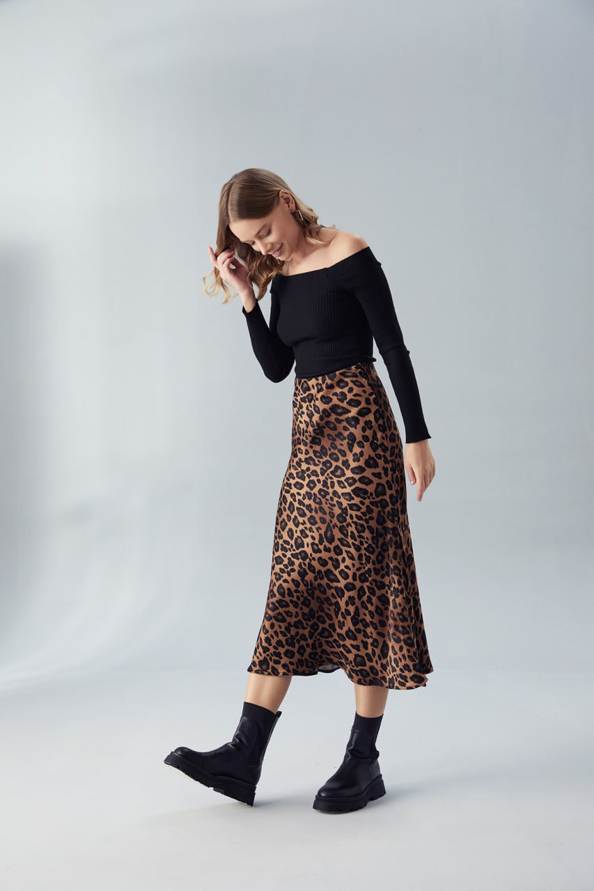 Leopar Saten Midi etek