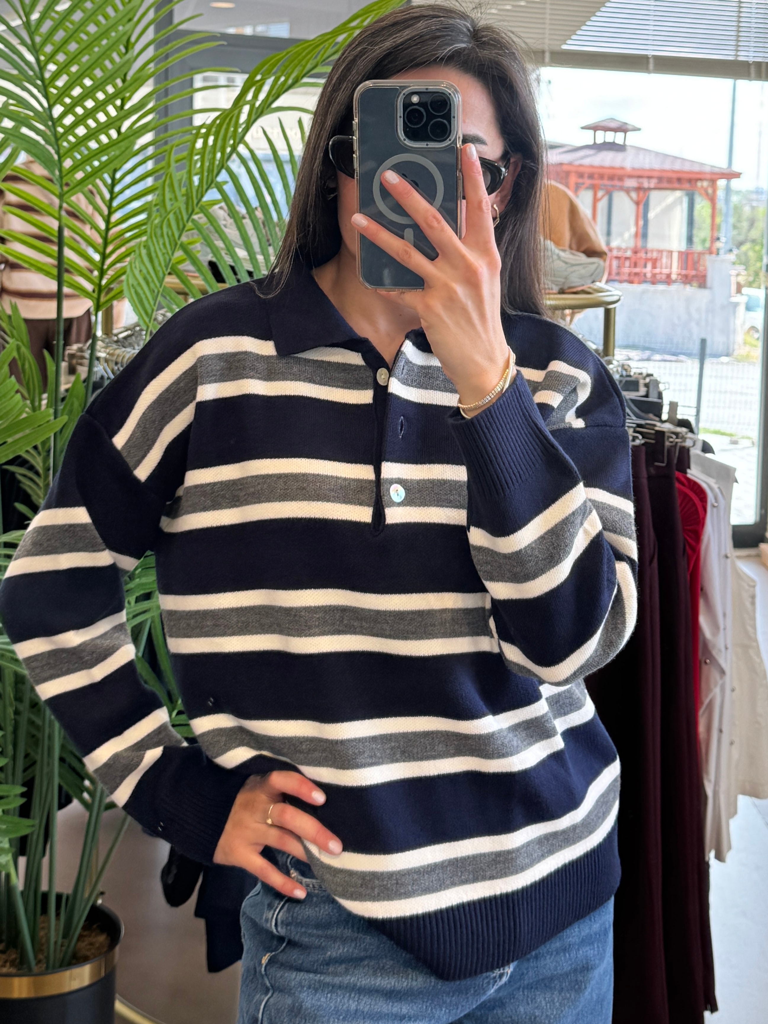 Premium Polo Yaka Çizgili Triko| Lacivert-Krem