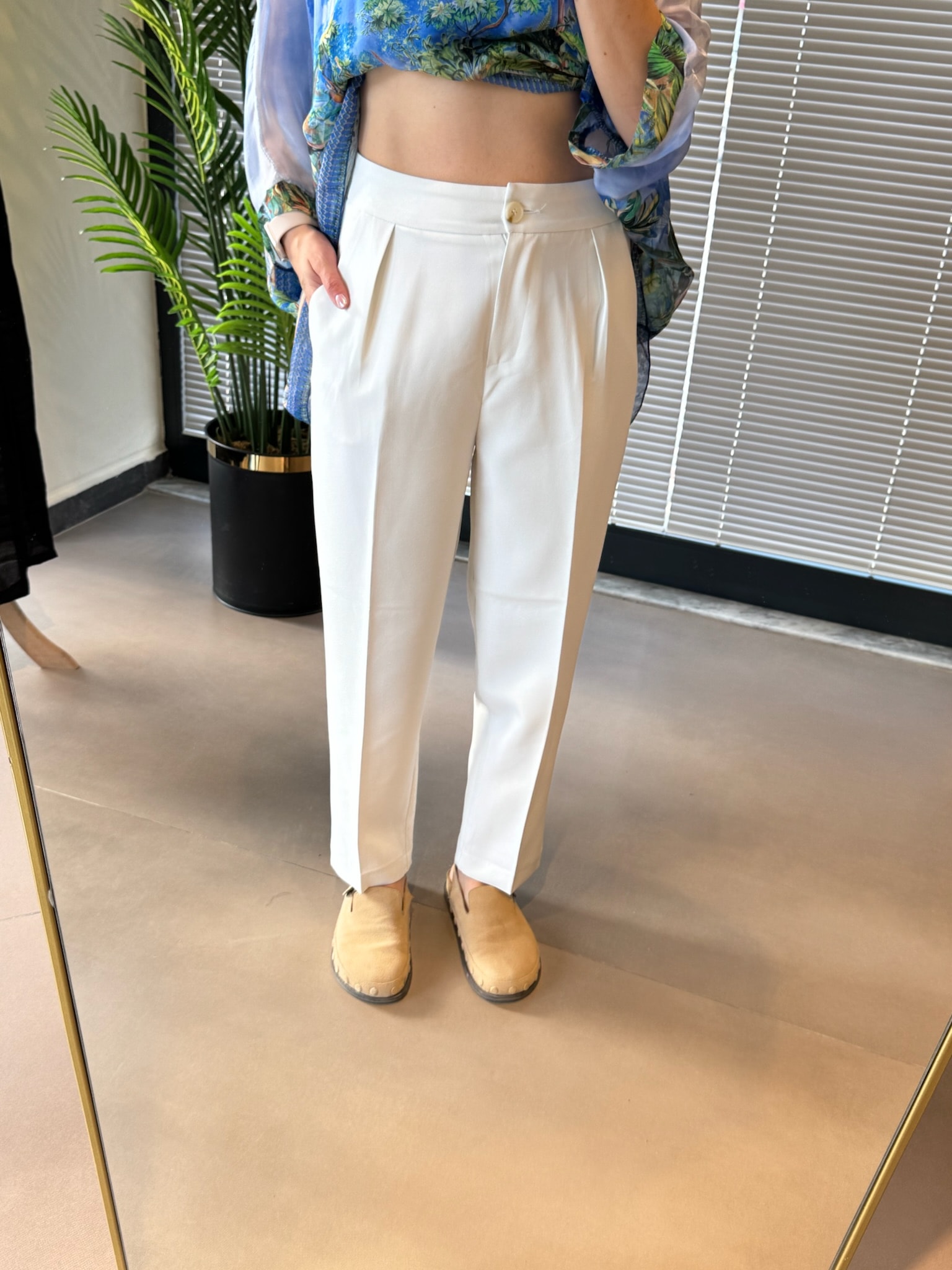 Double Kumaş Havuç Kesim Kumaş Pantolon - Beyaz