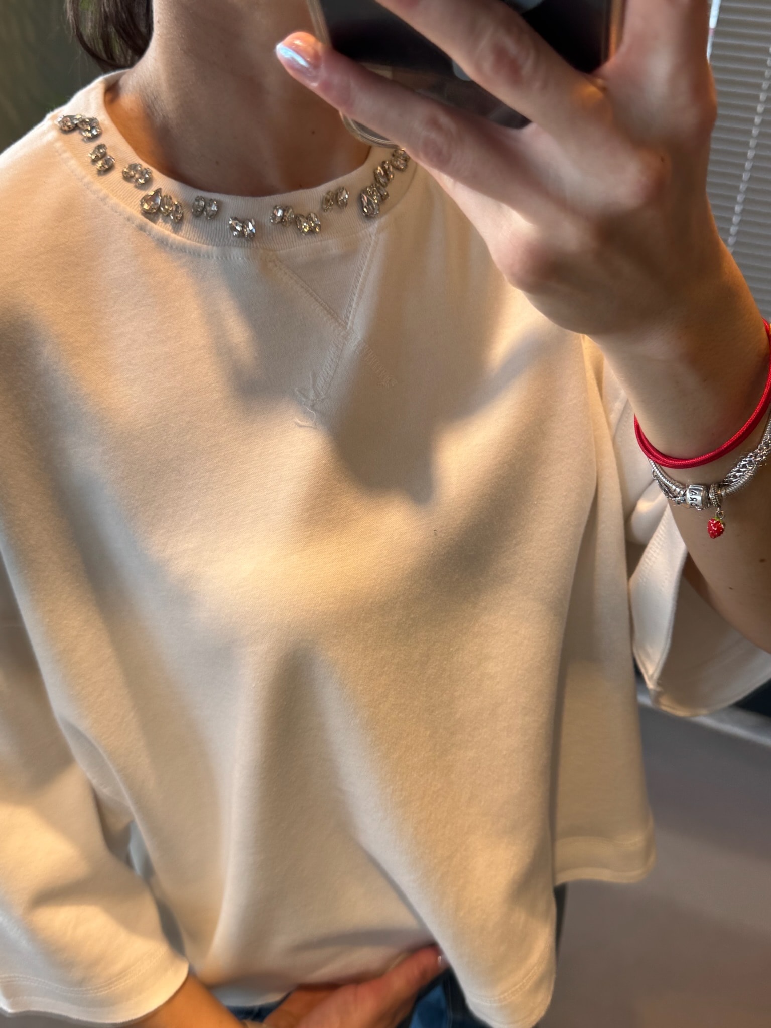 Taş İşlemeli Pamuklu Tshirt-Ekru