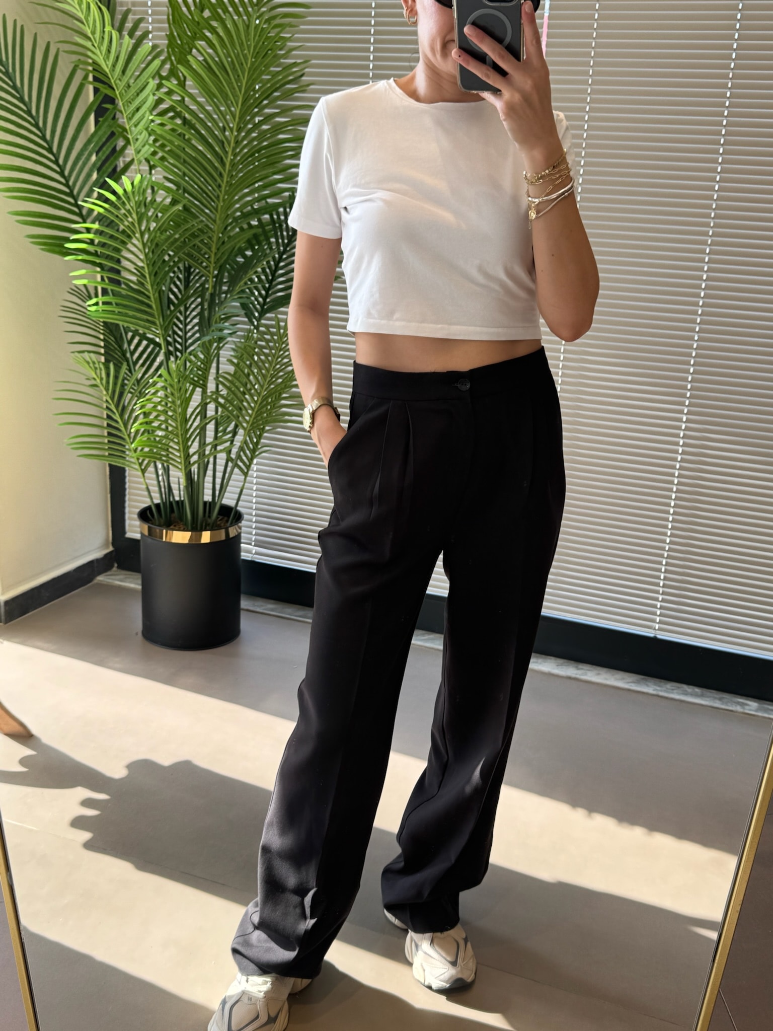 Kumaş Düz Paça Palazzo Pantolon-Siyah