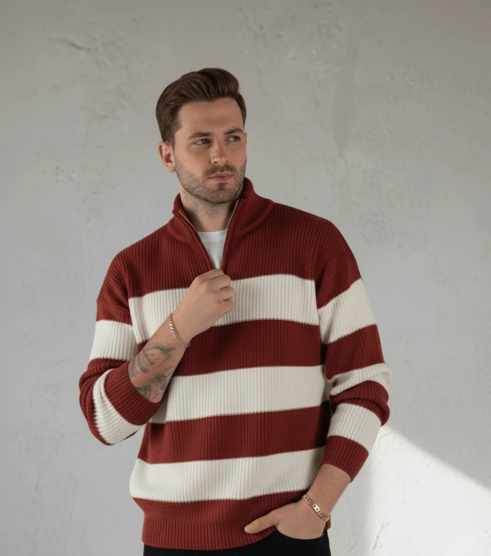 Yarım Fermuarlı Selanik Örme Kazak - Kiremit