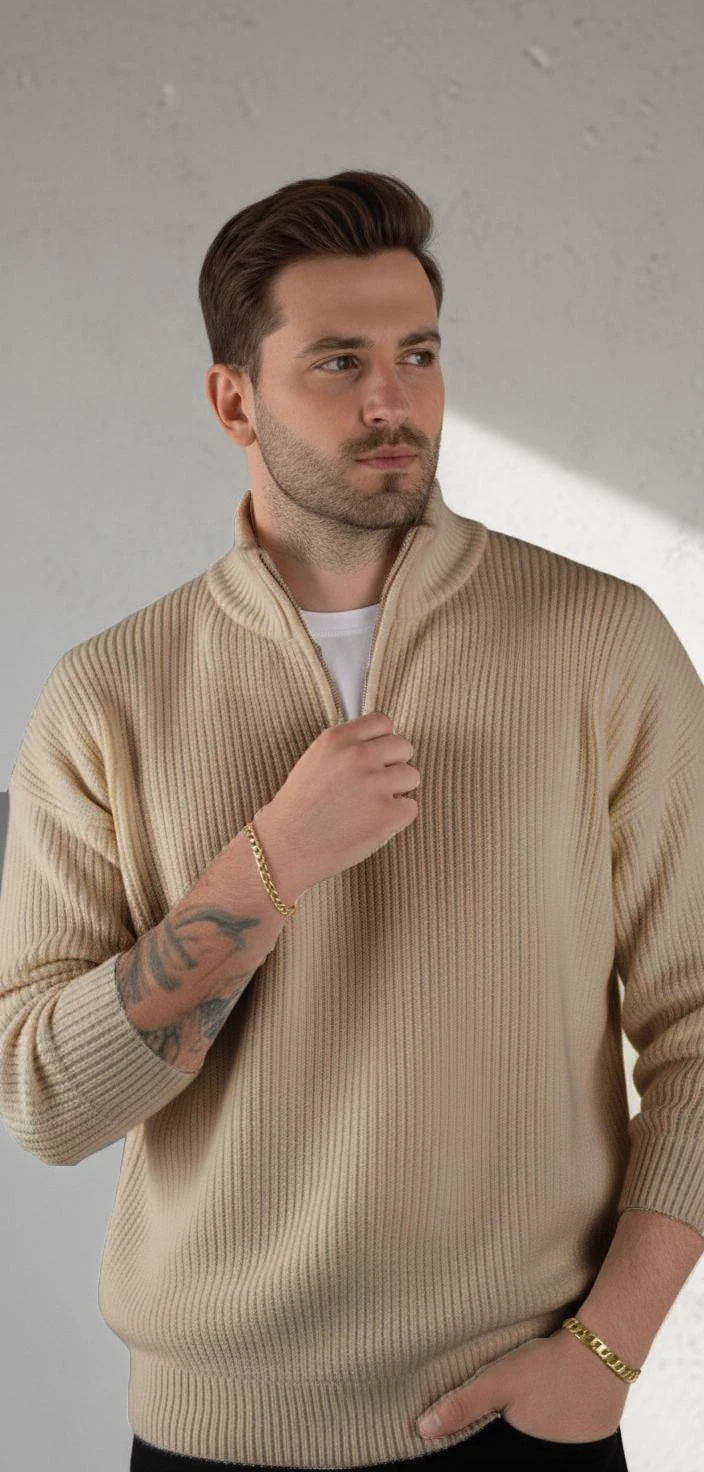 Yarım Fermuarlı Selanik Örme Kazak - Bej