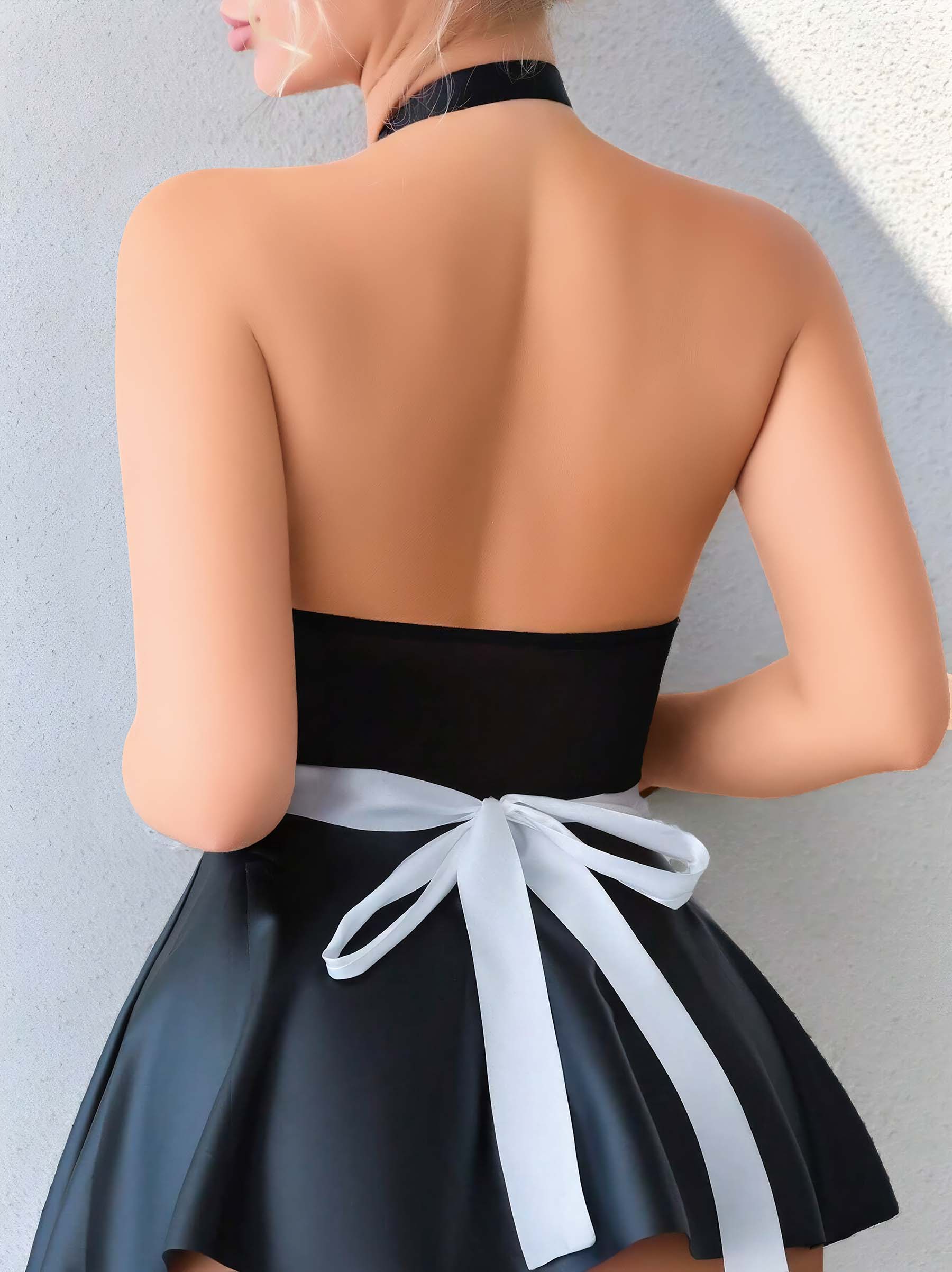 Seksi Fantazi Fransız Hizmetçi Kostümü - Siyah Beyaz Dantel Detaylı