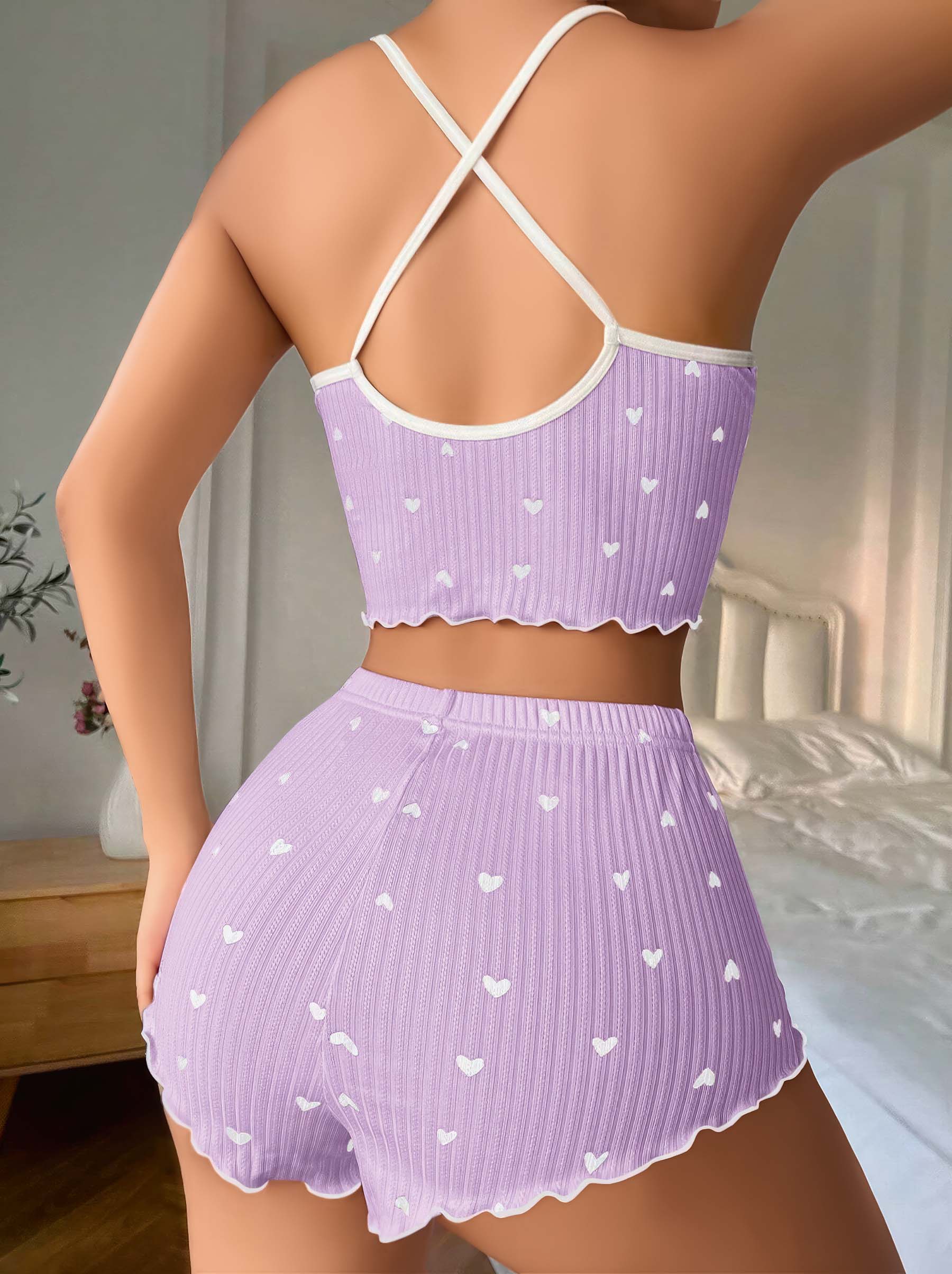 Lila Kalp Desenli Askılı Şortlu Pijama Takımı