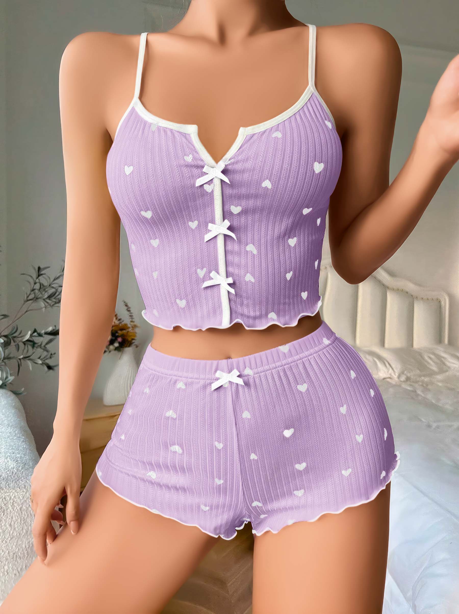 Lila Kalp Desenli Askılı Şortlu Pijama Takımı