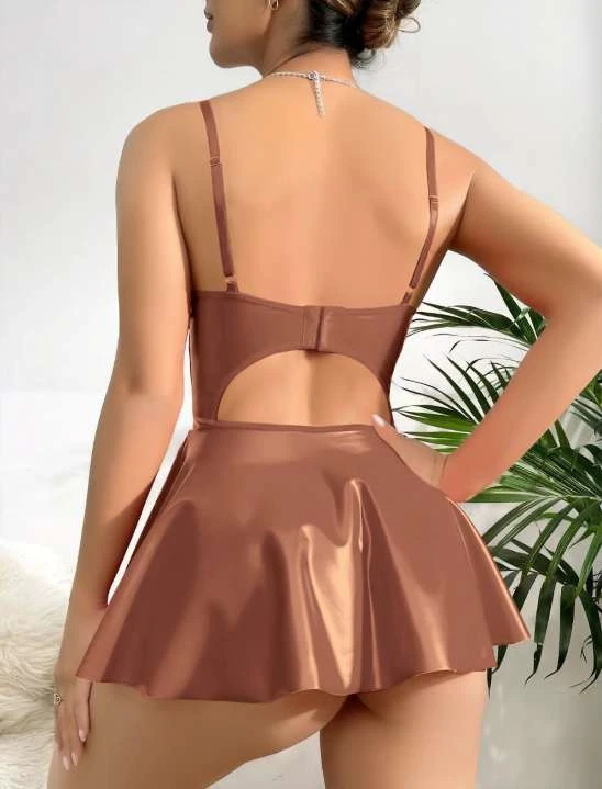 Lovenue Butik Deri Görünümlü Kemer Detaylı Kahverengi Fantazi Gecelik Takımı