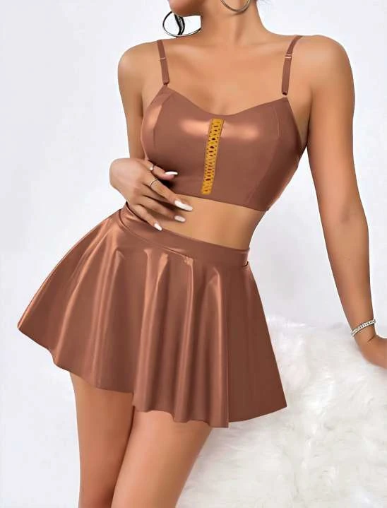 Bakır Renk Deri Görünümlü Mini Etek ve Büstiyer Takım image