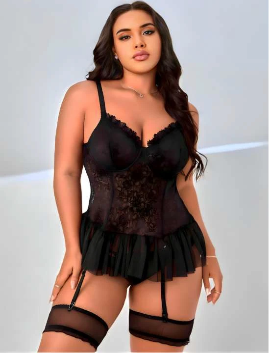 Siyah Transparan Jartiyerli Dantel Büstiyer Takım image