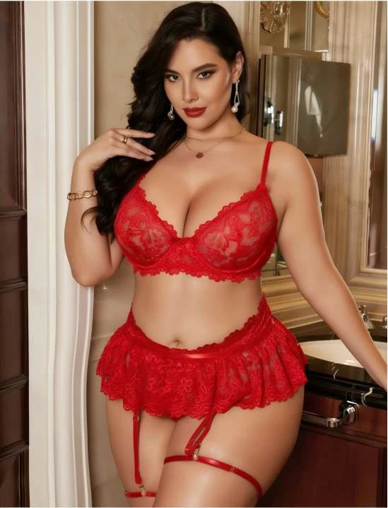 Dantelli Fırfır Detaylı Kırmızı Jartiyer Takım