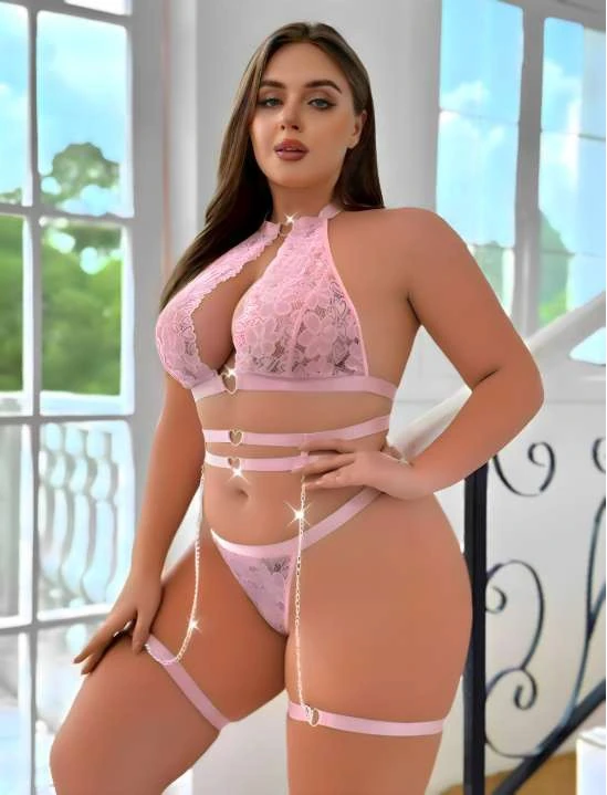 Pembe Dantel Halter Yaka Zincir Detaylı Fantezi Lingerie Takımı image
