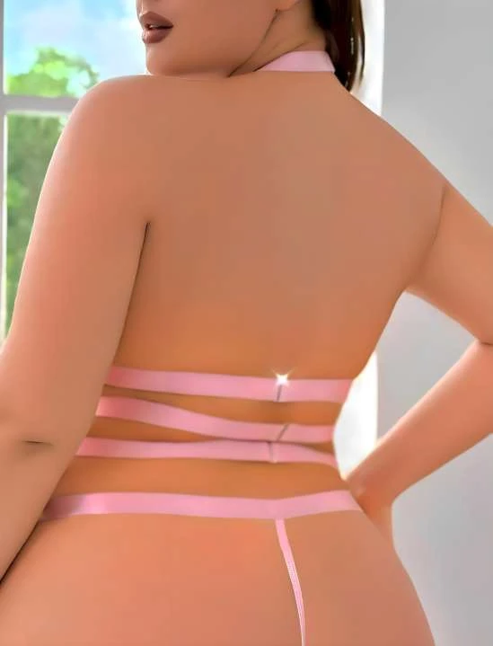 Pembe Dantel Halter Yaka Zincir Detaylı Fantezi Lingerie Takımı