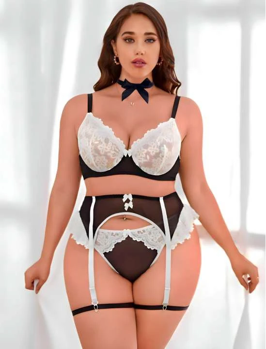 Siyah-Beyaz Fransız Dantel Jartiyer Takımı image