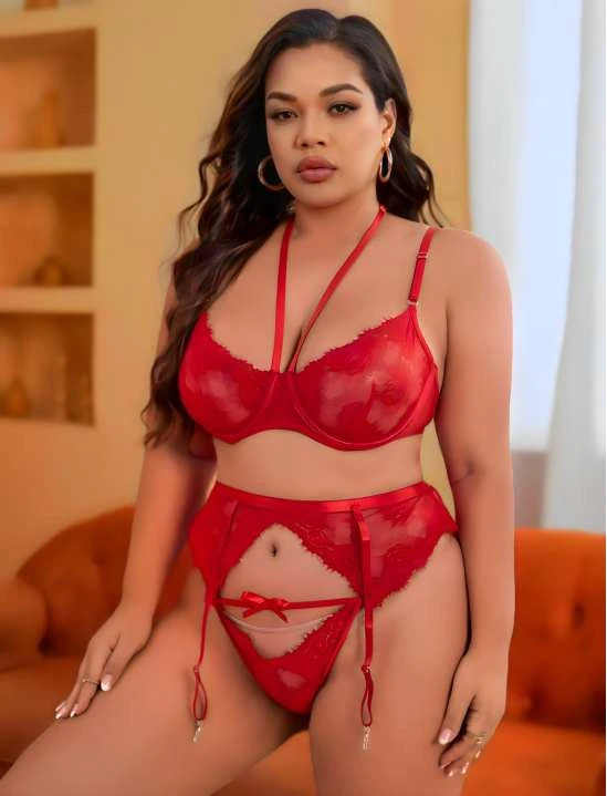 Kırmızı Transparan Dantel Jartiyer Takımı – Strappy Detaylı 3’lü Set image