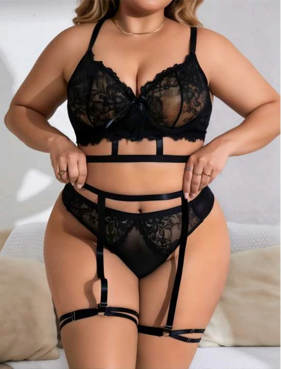 Siyah Dantel Detaylı Strappy Jartiyer Takım image