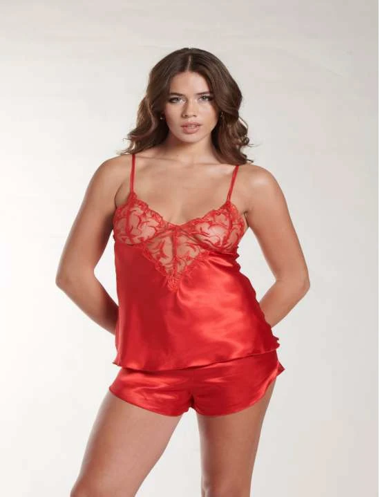 Kırmızı Saten Dantel Detaylı İkili Şortlu Gecelik Takımı image