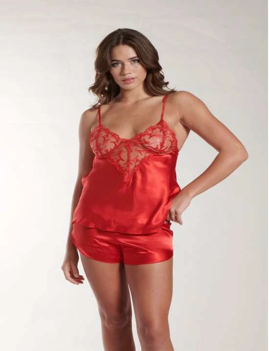 Kırmızı Saten Dantel Detaylı İkili Şortlu Gecelik Takımı