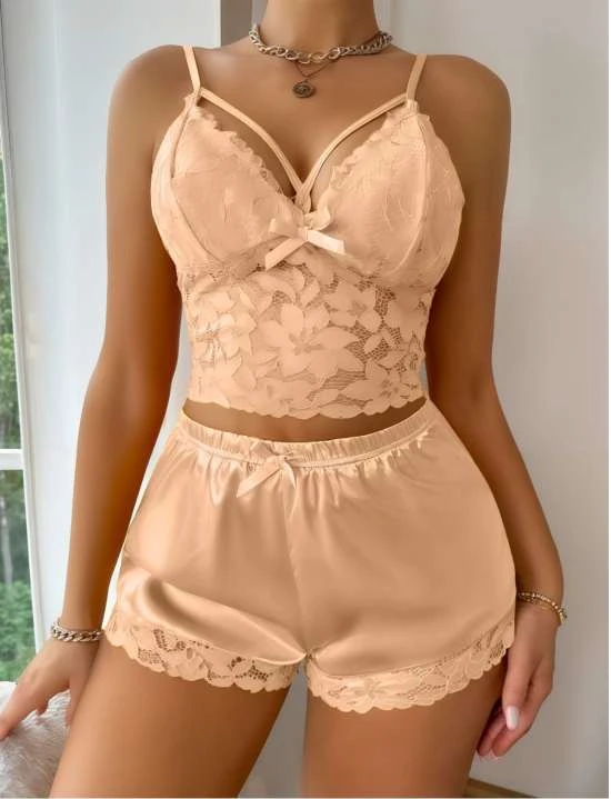 Lovenue Pudra Saten Dantelli Şortlu İkili Pijama Takımı image