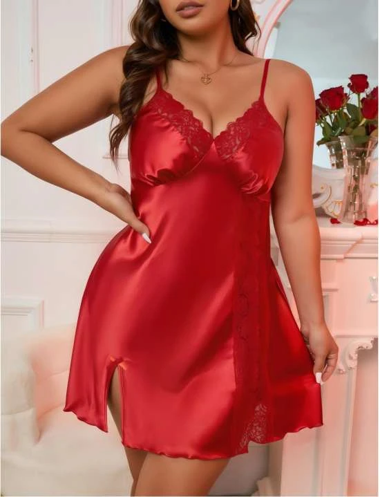 Kırmızı Dantel Detaylı Saten Gecelik image