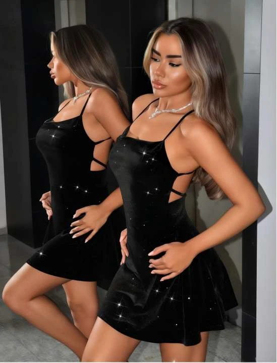 Lovenue Sim Detaylı Askılı Siyah Mini Elbise image