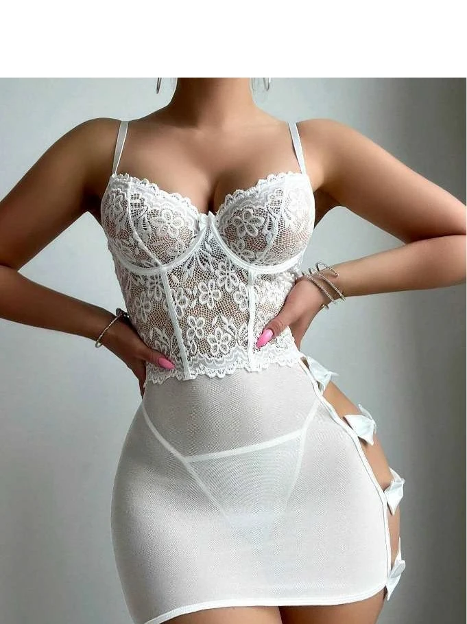 Beyaz Dantelli Transparan Jartiyer Detaylı Fantazi Gecelik image