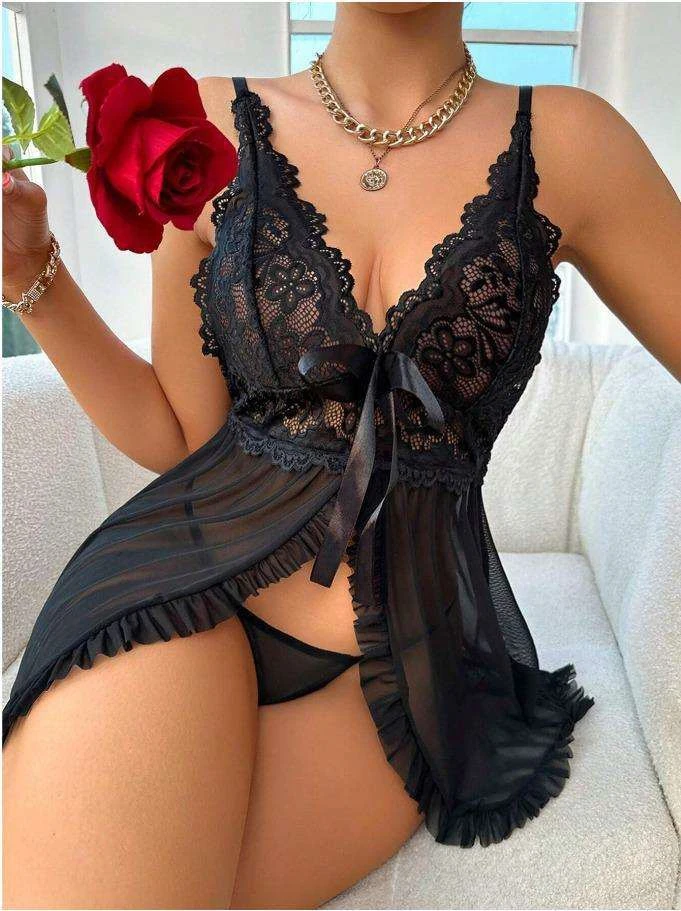 Siyah Dantel ve Transparan Tül Bağlamalı Fantazi Gecelik