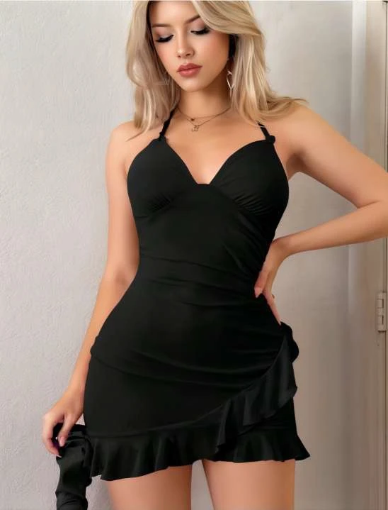 Volan Detaylı Halter Yaka Siyah Mini Elbise