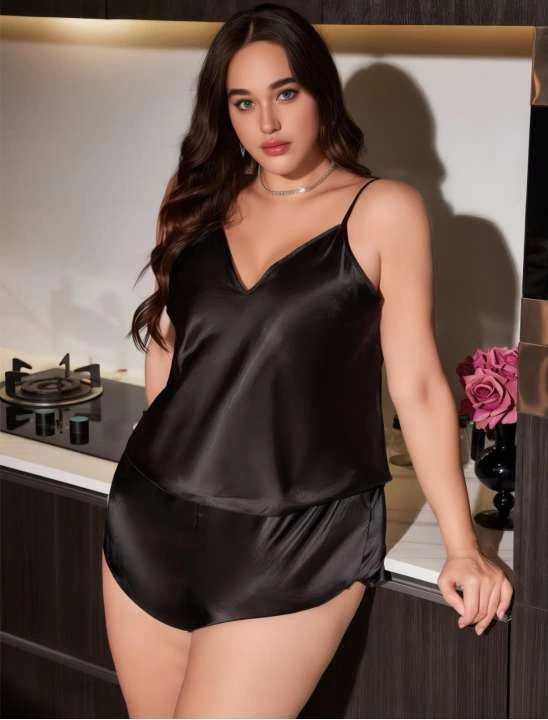 Büyük Beden Siyah Saten Şortlu Takım main variant image