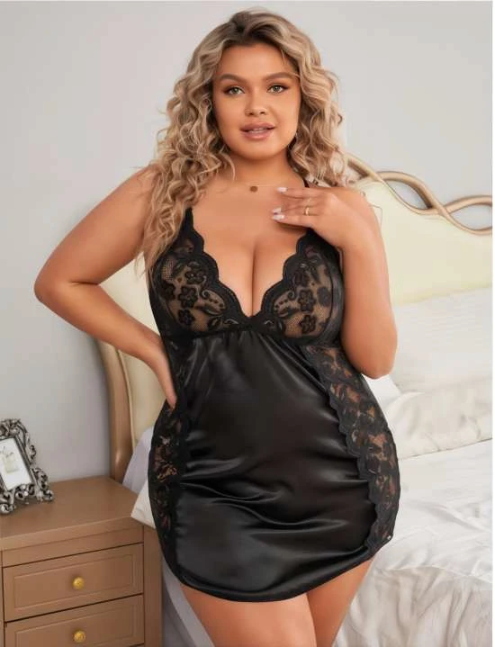 Lovenue Siyah Dantelli Saten Gecelik main variant image