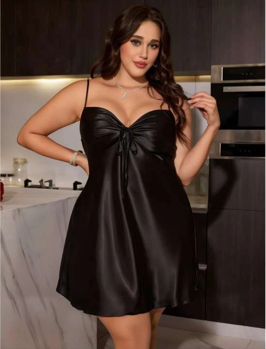 Saten Siyah Büyük Beden Fantezi Gecelik