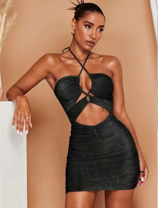 Siyah Çapraz Askılı Dekolteli Mini Elbise main variant image