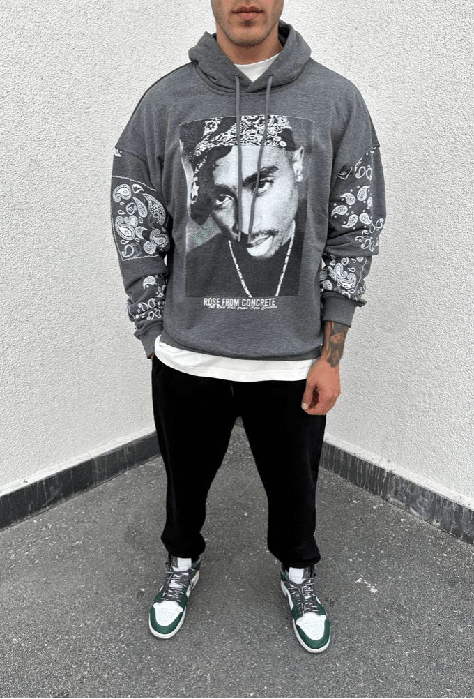 Tupac Only God Kolları Baskılı Oversize Kapüşonlu Sweatshirt  - Grey