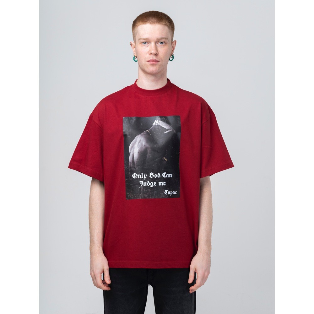 Kırmızı Tupac Only God Baskılı Oversize T-Shirt