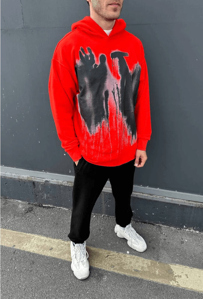 Mürekkep Baskılı Oversize Kapüşonlu Sweatshirt - Red