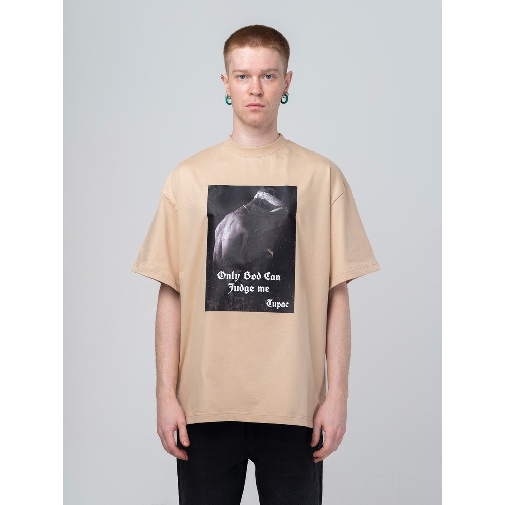 Bej Tupac Only God Baskılı Oversize T-Shirt