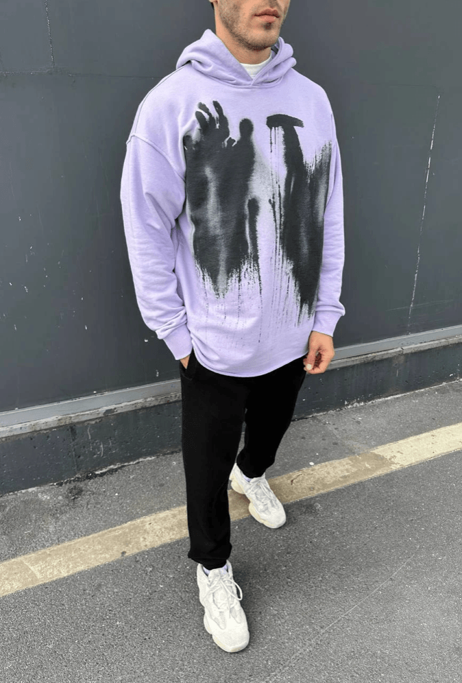 Mürekkep Baskılı Oversize Kapüşonlu Sweatshirt - Lilac