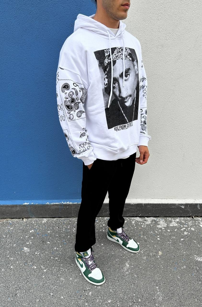 Tupac Only God Kolları Baskılı Oversize Kapüşonlu Sweatshirt  - White