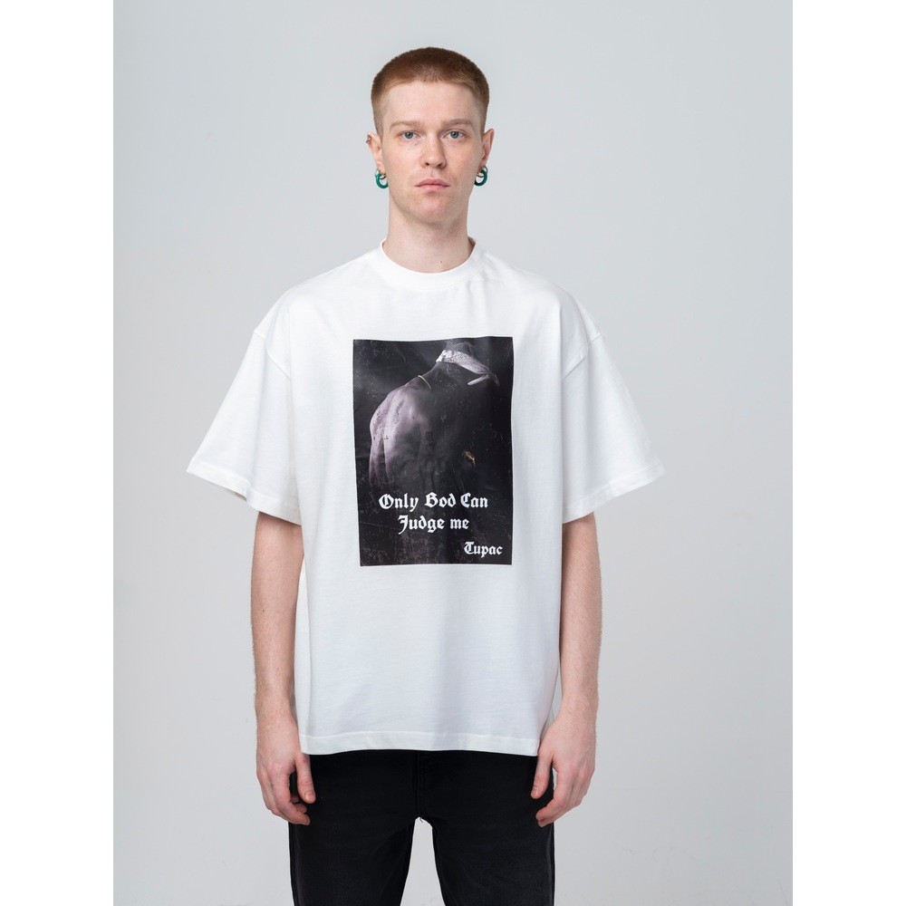 Beyaz Tupac Only God Baskılı Oversize T-Shirt