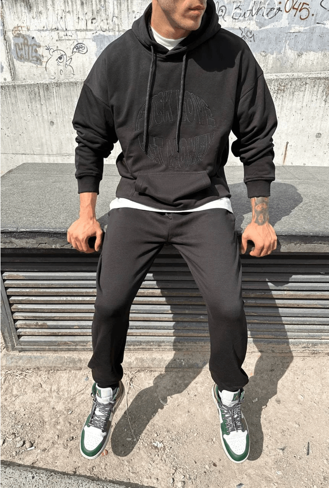 Get Money Nakışlı Oversize Kapüşonlu Sweatshirt - Black