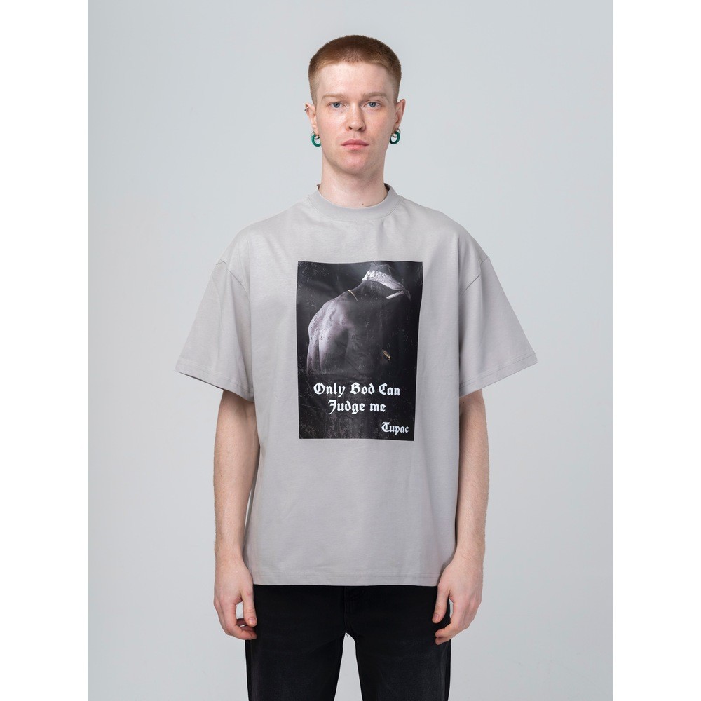 Gri Tupac Only God Baskılı Oversize T-Shirt