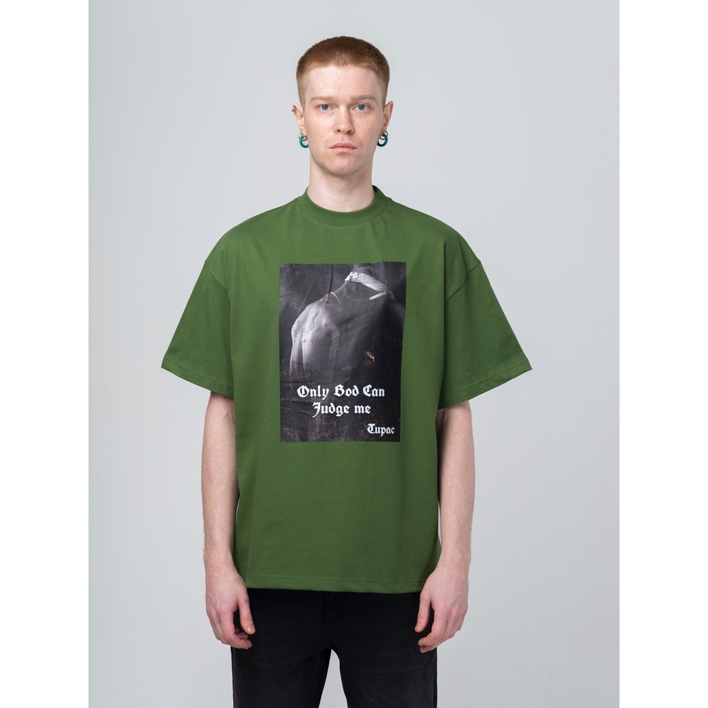 Yeşil Tupac Only God Baskılı Oversize T-Shirt