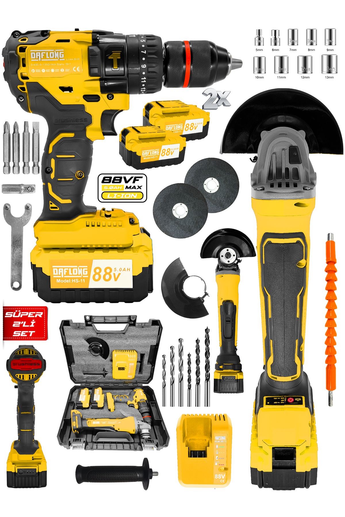 Ultra 2 Li Set Şarjlı Taşlama Şarjlı Kömürsüz Matkap 88 V Setli -SARI