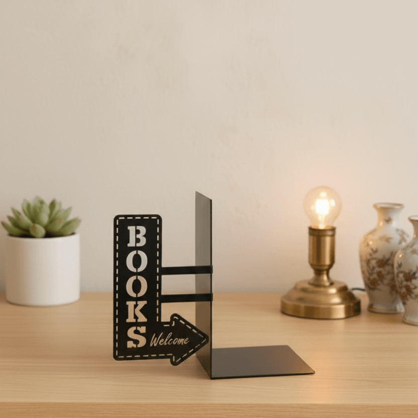 Books Welcome Yazılı Metal Dekoratif Kitap Tutucu