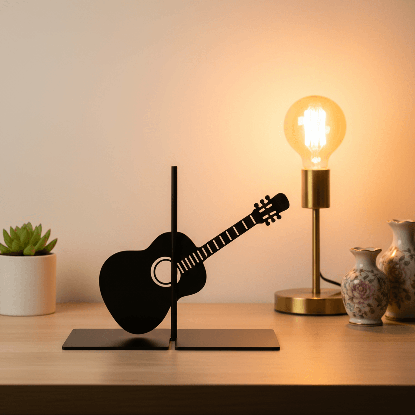 Gitar Figürlü Metal Kitap Tutucu – Müzik Temalı Dekoratif Tasarım