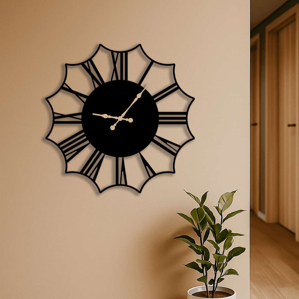 Çiçek Desenli Metal Saat – Şık Duvar Dekorasyonu