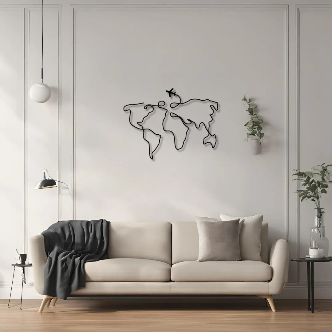 Metal Duvar Dekorasyonu Dünya Haritası Uçaklı (World Map with Plane) Metal Duvar Tablosu Harita