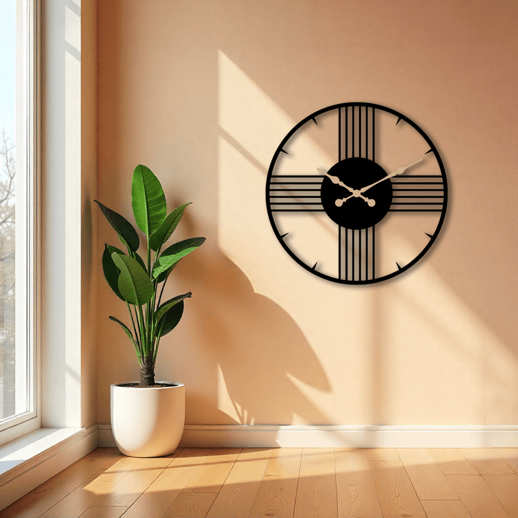 Dekoratif Minimal Çizgiler Siyah Metal Duvar Saati
