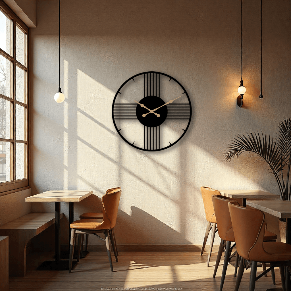 Dekoratif Minimal Çizgiler Siyah Metal Duvar Saati
